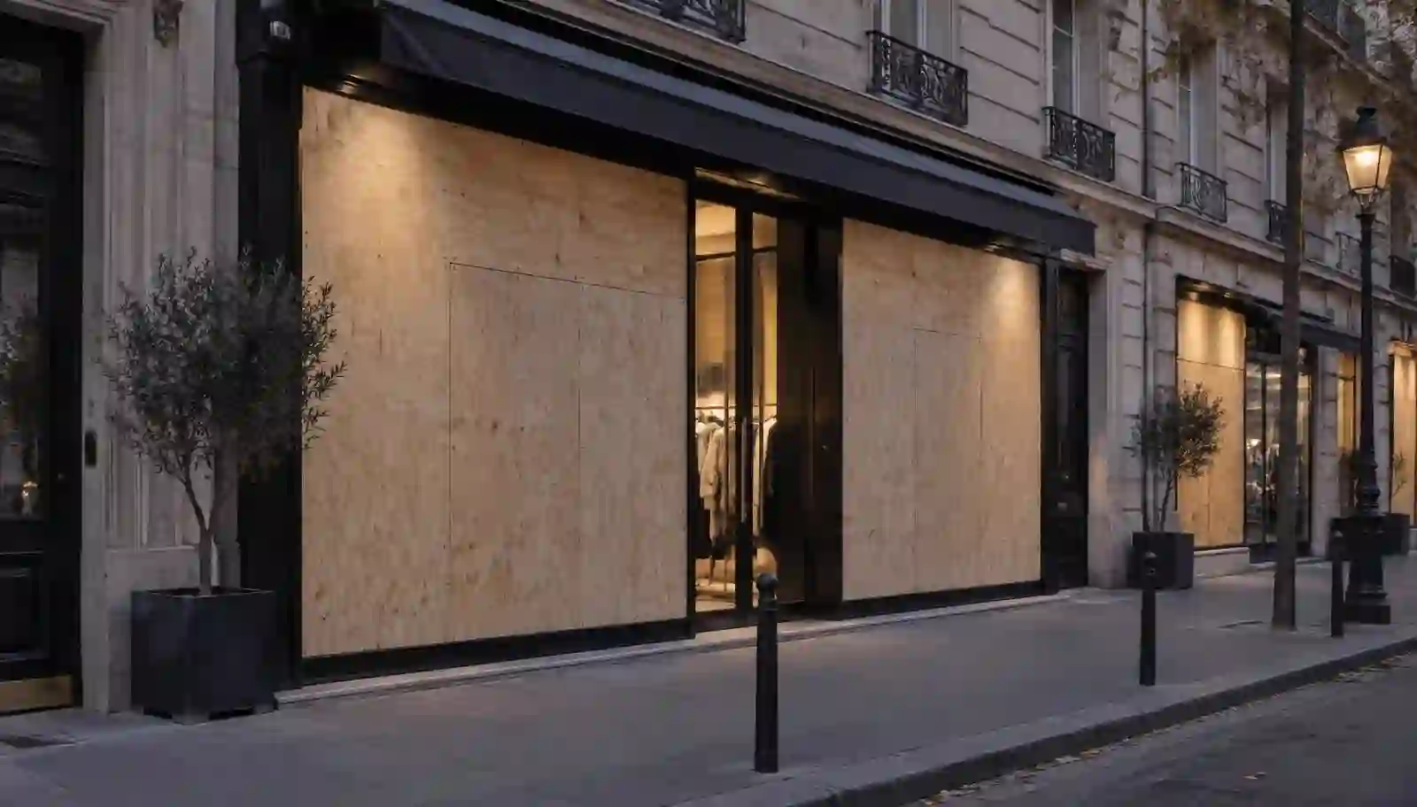 Barricades + surveillance : Vitrine fragilisée en attente de réparation (situation type)
